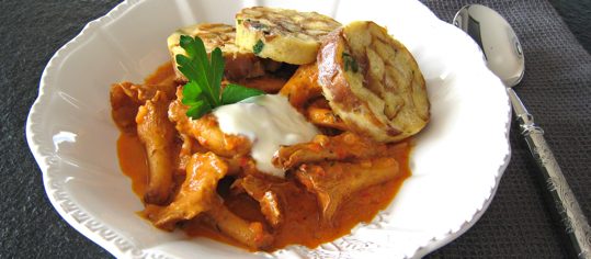 Eierschwämmchen-Gulasch mit Laugenknödeln