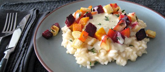 Risotto mit ofengeröstetem Wurzelgemüse und Gorgonzolasauce