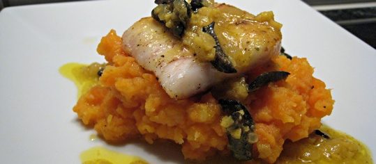Zanderfilets auf Rüeblistampf an Ingwer-Oliven-Vinaigrette