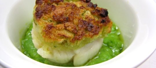 Jakobsmuschel mit Wasabi-Crumble auf Erbsenpürée